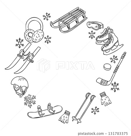 Round frame made of winter sports equipment including skis, skates, snowboard and sled 131783375