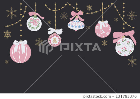 Festive vector banner with pink and white Christmas ornaments, bows and snowflakes on dark background 131783376