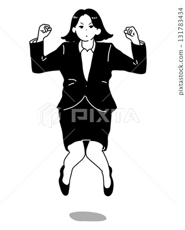 一名身穿西裝的女子跳躍並揮舞著拳頭（單色插圖） 131783434