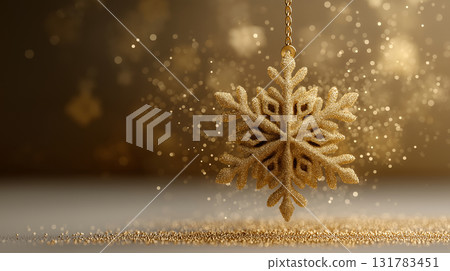 Shiny gold snowflake ornaments and sparkling light particles Shiny gold snowflake ornaments and sparkling light particles 131783451