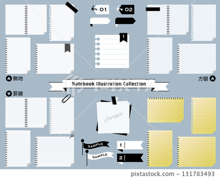 筆記本和便箋紙插圖集。包括普通紙、方格紙和橫格紙在內的紙張材料集。 131783493