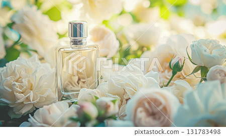 Perfume bottle with beautiful flowers. Beauty concept. Flat lay, top view Perfume bottle with beautiful flowers. Beauty concept. Flat lay, top view 131783498