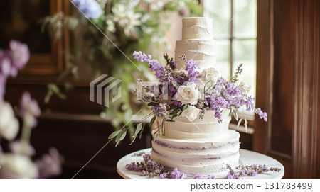 Wedding cake with lavender flowers. Holiday table decoration 131783499