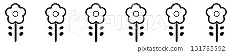 Hand-drawn illustration of six flowers, black line drawing 131783592