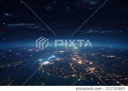 Futuristic city aerial view at night. Structure of sci-fi metropolis with neon lights from the bird view. Generated AI 131783663