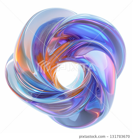 Fluid round 3D shape of liquid splash of holographic glass in motion. Iridescent liquid sphere. Generated AI. 131783670