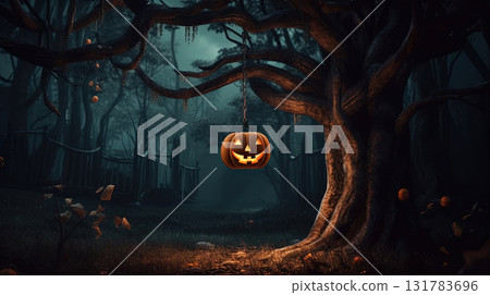 Halloween pumpkin hanged on the tree in the dark forest. Generated AI 131783696