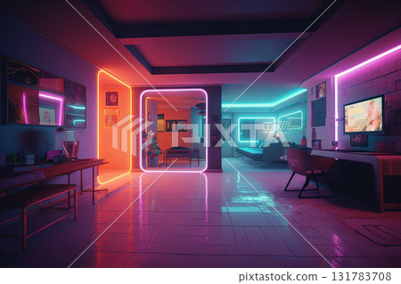 Synthwave style neon room. Retro interior in 80s style with neon lights. Generated AI. 131783708