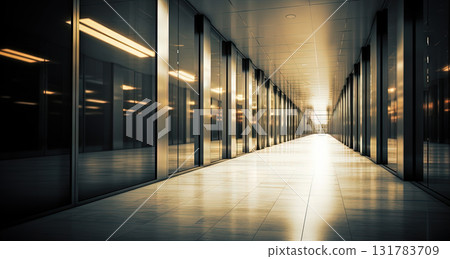 Office building interior with long hall and doors. Empty office corridor with lamps and glass decorations. Generated AI. 131783709