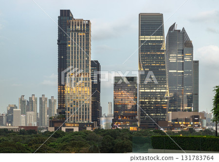 the high-rise buildings of the One Bangkok and Dusit Central Park developments with Lumphini Park in the foreground. 131783764