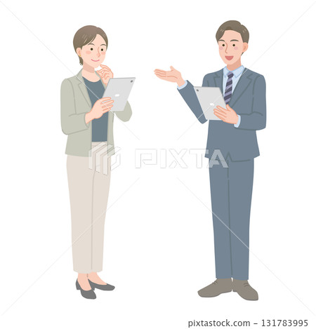 A salesman giving an explanation with a tablet A salesman giving an explanation with a tablet 131783995