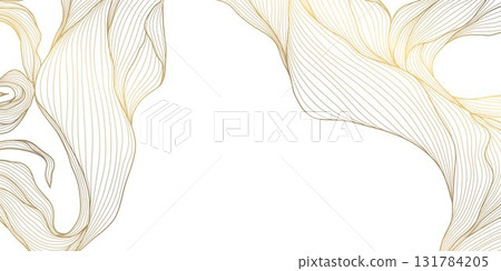 Elegant floral vector background, golden line art leaves, palm branches, delicate botanical patterns, nature, Japanese design. Luxury spa cards, summer wallpapers, wedding templates. 131784205
