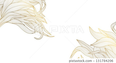 Elegant floral vector background, golden line art leaves, palm branches, delicate botanical patterns, nature, Japanese design. Luxury spa cards, summer wallpapers, wedding templates. 131784206
