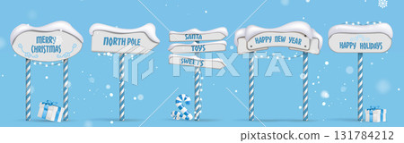 North pole sign set with snowy boards 131784212