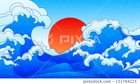 Asia inspired line wave patterns and red sun 131784225