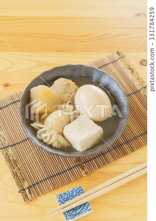 Oden | Daikon radish, shirataki noodles, egg, tofu, chicken meatballs Oden | Daikon radish, shirataki noodles, egg, tofu, chicken meatballs 131784259