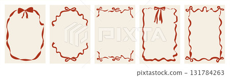 Vintage bow frames for greeting cards, wedding and birthday invites, picnic and brunch menus in cute coquette style. Hand-drawn ribbon borders illustration for social media templates and party decor. 131784263