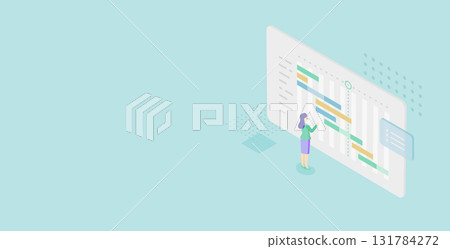 Female manager checking project progress on Gantt chart. Isometric vector illustration Female manager checking project progress on Gantt chart. Isometric vector illustration 131784272
