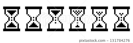 Pixel art hourglass animation frames set. Retro 8 bit sand timer sequence showing sand falling from top to bottom. Minimal black and white design for vintage games, interfaces, time concept visuals 131784276