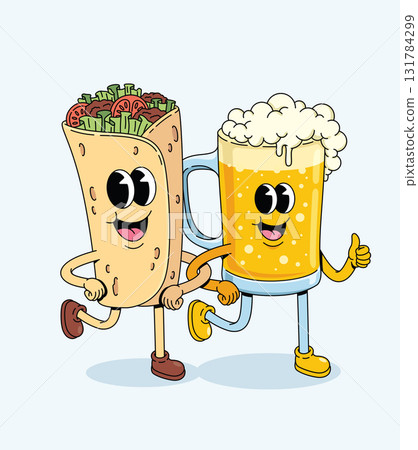 kebab and beer drink groovy cartoon illustration kebab and beer drink groovy cartoon illustration 131784299