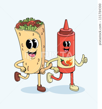 kebab and chili sauce groovy cartoon illustration 131784300