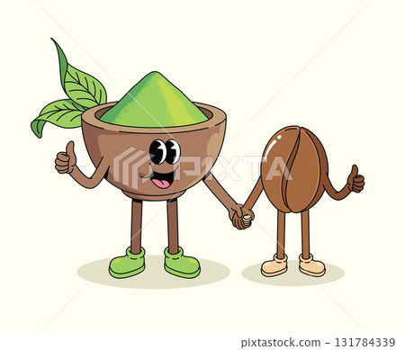 matcha and coffee bean thumbs up groovy cartoon illustration 131784339