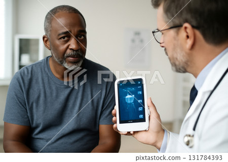 AI generated a middle aged Black man consulting with a doctor who uses an AI device to analyze his health data representing trust technology and modern medical care. 131784393