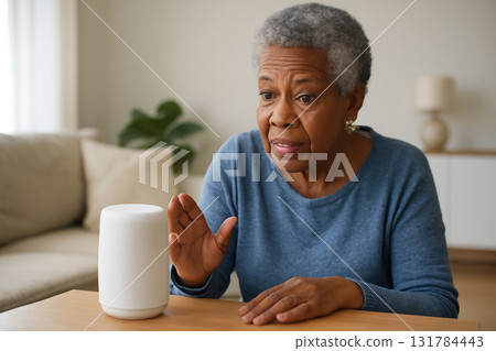 AI generated elderly Black woman interacting with an AI assistant to monitor her health progress in a modern living room. Warm, focused, and contemporary atmosphere. 131784443