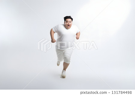 Overweight Asian man running on white background, concept of overweight and weight loss. Neural network generated photorealistic image 131784498