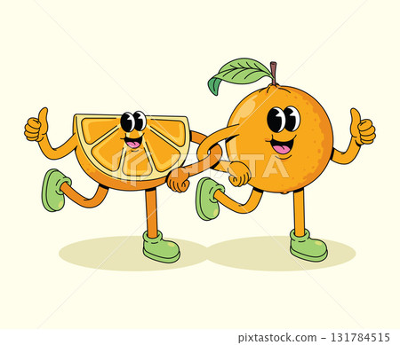orange and orange slice walk together groovy cartoon illustration orange and orange slice walk together groovy cartoon illustration 131784515