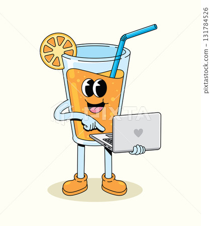 orange drink laptop groovy cartoon illustration 131784526