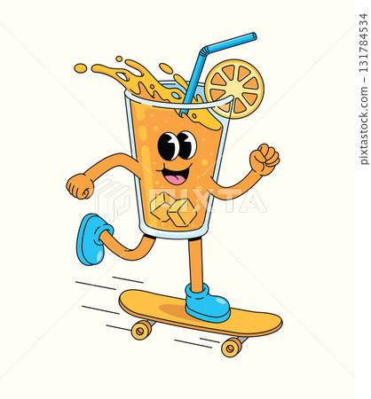 orange drink walk skateboard groovy cartoon illustration 131784534