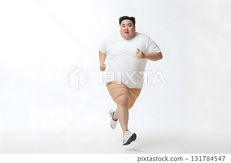Overweight Asian man running on white background, concept of overweight and weight loss. Neural network generated photorealistic image Overweight Asian man running on white background, concept of overweight and weight loss. Neural network generated photorealistic image 131784547