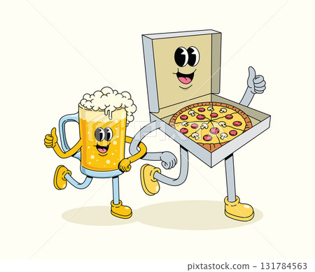 pizza box and beer groovy cartoon illustration 131784563