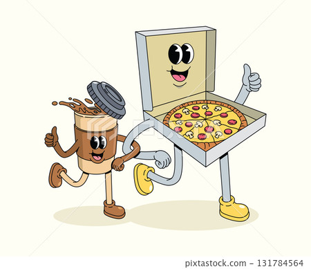 pizza box and coffee groovy cartoon illustration 131784564