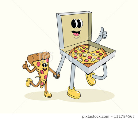 pizza box and pizza slice groovy cartoon illustration 131784565