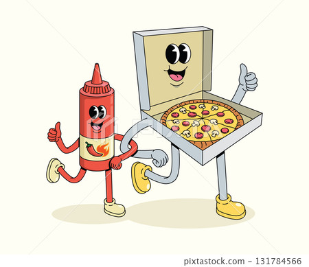 pizza box and sauce groovy cartoon illustration 131784566