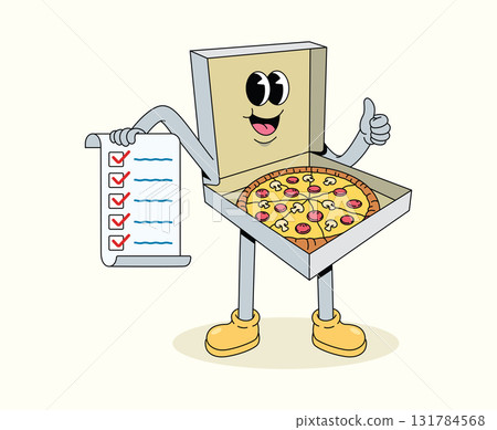 pizza box checklist together groovy cartoon illustration 131784568