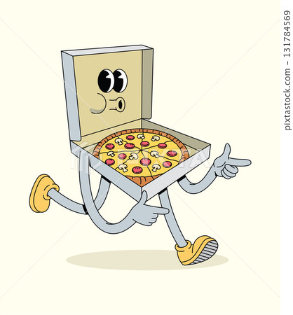 pizza box energetic walk groovy cartoon illustration 131784569