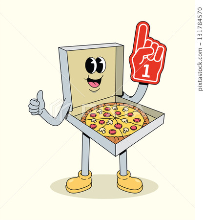 pizza box foam hand groovy cartoon illustration 131784570