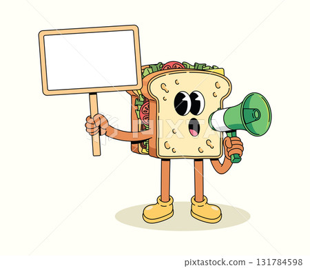 sandwich megaphone groovy cartoon illustration 131784598