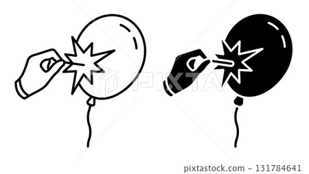 Linear icon. Hand of an envious person or ill wisher pierces a flying balloon with a sharp needle. Simple black and white vector isolated on white background 131784641