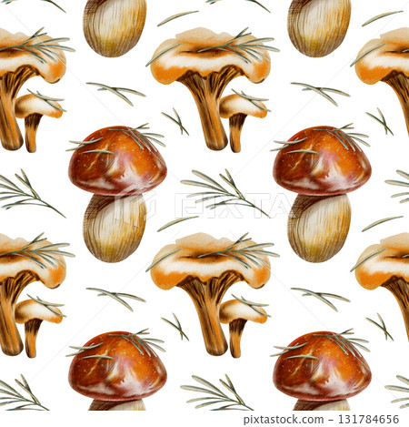 Autumn seamless pattern featuring chanterelles,brown birch boletus,red cap boletus mushrooms with pine needles,serving as symbols of autumn serenity and unity with nature.Watercolor and pencils style 131784656