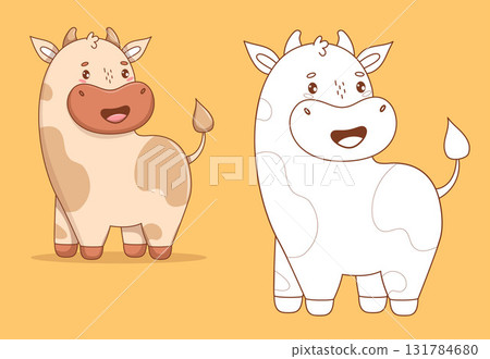 Cute Happy Cow set. Color and Outline Line drawing, coloring book Adorable Kawaii Animal. Isolated Vector illustration. Kids collection. Not AI Cute Happy Cow set. Color and Outline Line drawing, coloring book Adorable Kawaii Animal. Isolated Vector illustration. Kids collection. Not AI 131784680