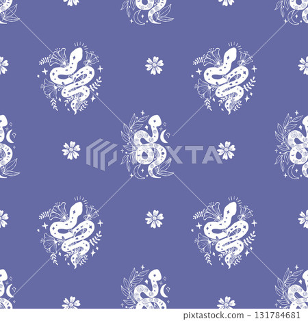 Seamless Pattern with Mystical White Snake with Flowers and Moon on Blue Background. Repeating Textured Hand Drawing Doodle template. Vector illustration for magic, esoteric, mysterious design. Not AI 131784681