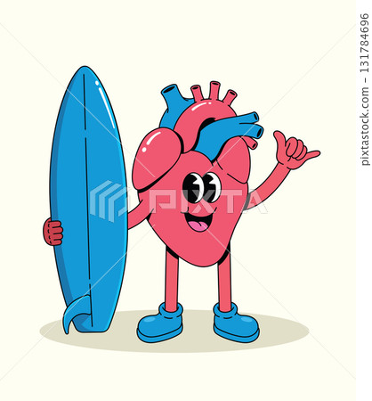 heart surf shaka hand groovy cartoon illustration 131784696