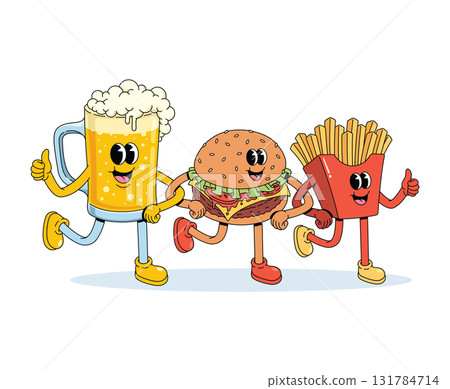 beer mug and fast food walk together groovy cartoon illustration 131784714