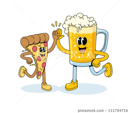 beer mug and pizza high five groovy cartoon illustration 131784716