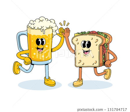 beer mug and sandwich high five groovy cartoon illustration 131784717