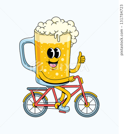 beer riding a bike groovy cartoon illustration 131784723